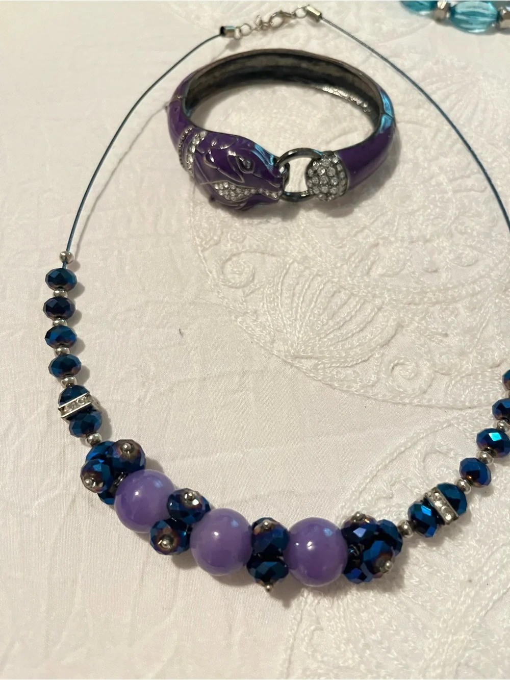 Purple Beaded Necklace with Blue Crystal Accents - Women Jewelry